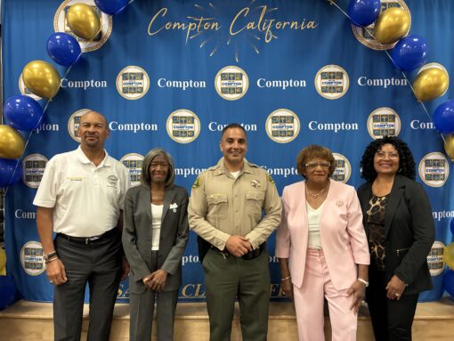(L-R) Compton City Manager Willie Hopkins, Compton Mayor Emma Sharif, Compton Sherrif's Station Captain Puebla, Compton Councilmember Lillie P. Darden, Compton Councilmember Deidre Duhart.