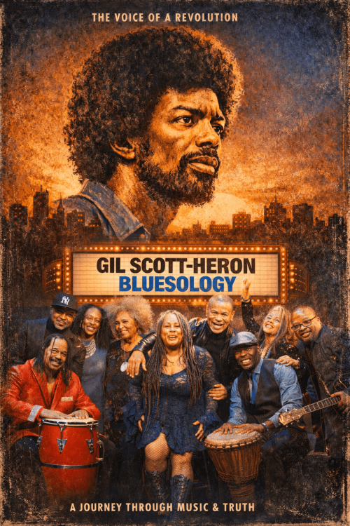 Cover: Gil Scott Heron. Inside photo: Gil Scott Heron and the cast of Bluesology, 