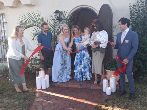 Anton Artemyev (blue shirt) ,Sasha Kerbel, Ashley Murphy, Violet Murphy and Chase Martino cut the ceremonial ribbon at the Grand Opening of Villa Blanca Lifestyle. Photo by The Scoop LA.